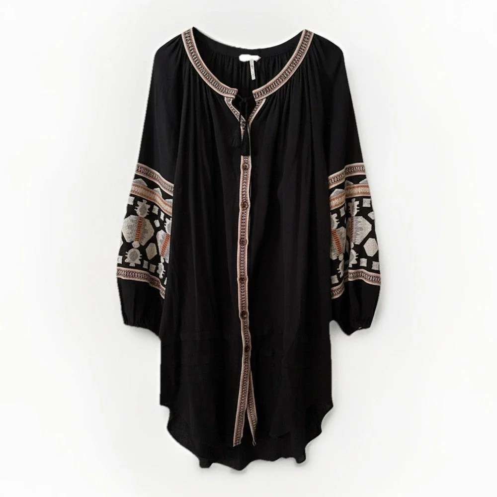 Free People High Low Caftan Dress w Embroidery Button Down Dress‎ Tunic Sz L